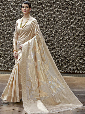 ANOUK Woven Banarasi Silk Blend Saree(Cream)