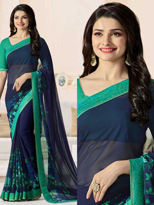 MEETVIN COUTURE Printed, Self Design, Digital Print, Embroidered, Floral Print, Solid/Plain Bollywood Georgette, Chiffon Saree(Blue)