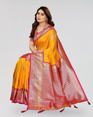 Nirvaan Polka Print Banarasi Cotton Silk, Jacquard Saree(Red, Yellow)