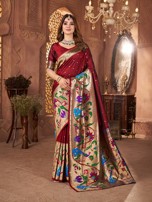 Divastri Printed Paithani Cotton Silk Saree(Maroon)