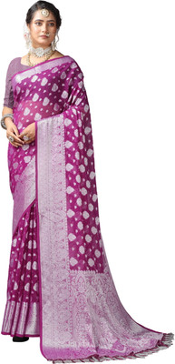Virendra Textiles Printed Banarasi Silk Blend Saree(Magenta)