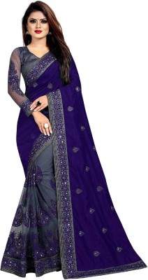 Aika Embroidered Bollywood Silk Blend Saree(Dark Blue)