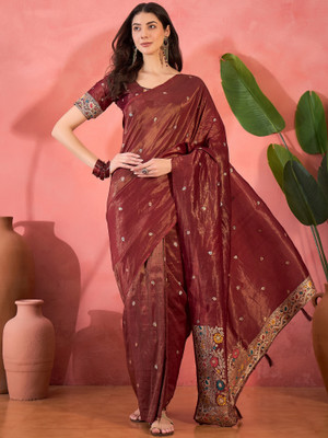 Sangria Self Design Saree with Attached Blouse Silk Blend Saree(Magenta)