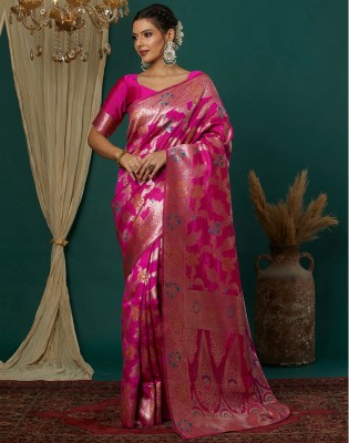 Satrani Woven, Embellished Kanjivaram Silk Blend, Jacquard Saree(Pink)