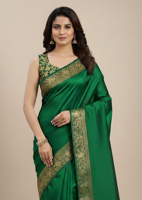 Anugrah Textile Woven Banarasi Lycra Blend, Chiffon Saree(Green)