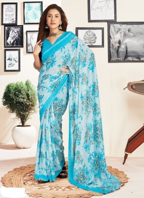 KISSAH Floral Print Daily Wear Georgette Saree(Light Blue)