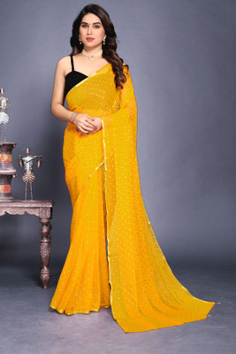 HouseOfCommon Printed Bollywood Chiffon Saree(Yellow)