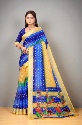 THEPRINTEMPIRE Polka Print Bollywood Linen Saree(Blue)