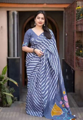 FRIYAL Printed Bollywood Cotton Linen Saree(Blue)