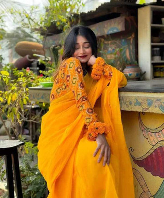 Anand Sarees Dyed, Solid/Plain Bollywood Georgette, Chiffon Saree(Orange)