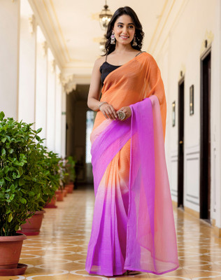 SIRIL Ombre, Solid/Plain Bollywood Chiffon, Georgette Saree(Pink, Orange)