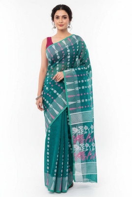 ShivMaya Woven Jamdani Pure Cotton Saree(Light Green)