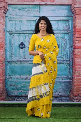 MAYAK HANDLOOM Printed, Blocked Printed, Hand Painted Bollywood Pure Cotton Saree(Yellow)