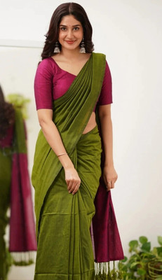 SMRITI HANDLOOM Solid/Plain Handloom Handloom Pure Cotton Saree(Green, Pink)