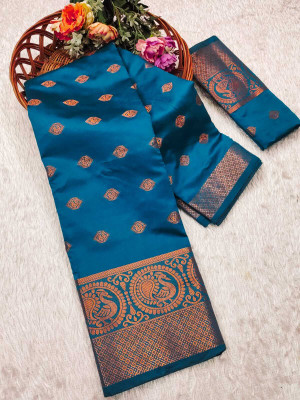 Hare Krishna Woven Kanjivaram Jacquard, Art Silk Saree(Light Blue)