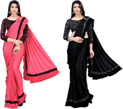 HouseOfCommon Solid/Plain Bollywood Lycra Blend Saree(Pack of 2, Multicolor)