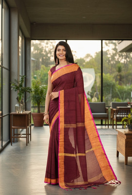 Trndysares Woven Handloom Handloom Cotton Silk, Viscose Rayon Saree(Maroon)