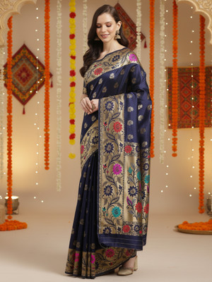 Anouk Rustic Woven Banarasi Silk Blend Saree(Dark Blue)