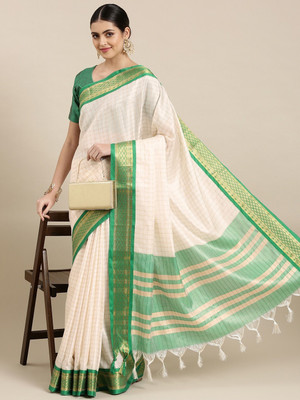 HouseOfCommon Woven, Checkered, Embellished, Self Design Daily Wear Jacquard, Cotton Silk Saree(Green, White, Gold)