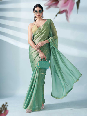 M.S.RETAIL Solid/Plain Bollywood Chiffon Saree(Green)