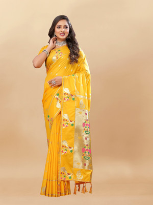 KRIYANSH Printed Paithani Jacquard, Cotton Blend Saree(Mustard)
