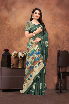 MM VENTURE Printed Bollywood Linen Saree(Dark Green)