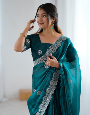 Satrani Embellished, Embroidered Bollywood Tissue Saree(Green)