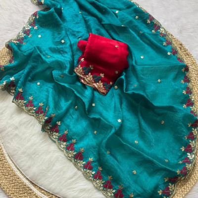 Elite Fashion Embroidered Bollywood Art Silk Saree(Blue)