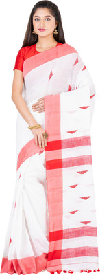 SAYAN CREATION Self Design Handloom Pure Cotton Saree(White)