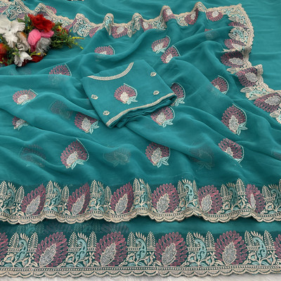 KHRITI FAB Embroidered Bollywood Silk Blend Saree(Light Blue)