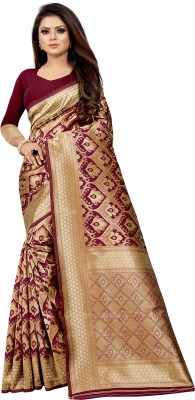 Hinayat Fashion Self Design, Printed, Embroidered, Embellished, Woven Kanjivaram Pure Silk, Art Silk Saree(Gold, Maroon)