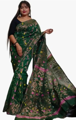 Mrignayanii Collections Paisley, Floral Print Jamdani Cotton Silk Saree(Green)