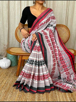 Ruuprekha Self Design Handloom Pure Cotton Saree(Red, White)