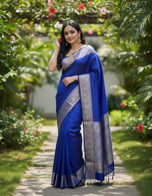Bindi Woven Banarasi Cotton Silk, Jacquard Saree(Blue)