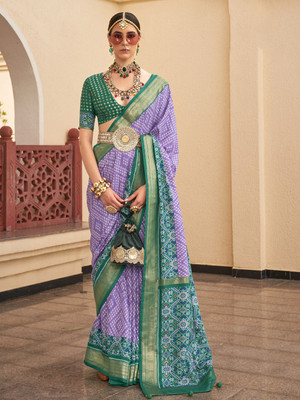 Sareemall Printed Ikkat Silk Blend Saree(Purple)