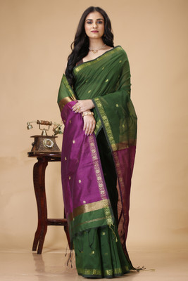 Bong ButiQ Woven Handloom Cotton Silk Saree(Dark Green)