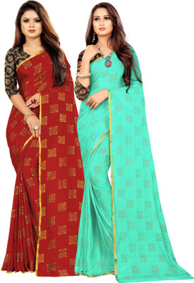 Aardiva Printed Bollywood Chiffon Saree(Pack of 2, Red, Light Green)