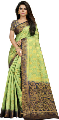 iZibra Self Design, Woven Banarasi Pure Silk, Art Silk Saree(Dark Blue, Light Green)