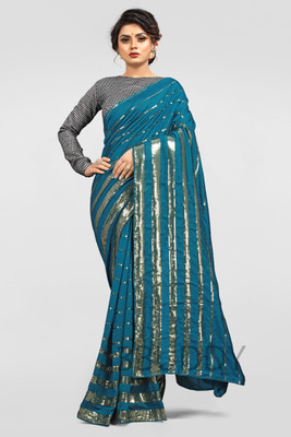 3Buddy Fashion Striped, Embellished Kasavu Pure Silk Saree(Light Blue)
