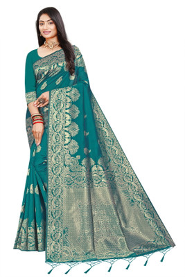 Pikham Embellished Kanjivaram Silk Blend Saree(Green)