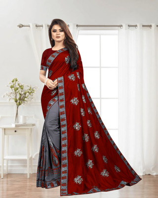 SHOBHTESH Embroidered, Self Design Madhubani Silk Blend, Net Saree(Maroon, Grey)