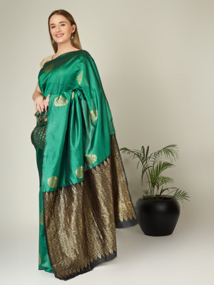vasthralaya Printed Daily Wear Silk Blend Saree(Green)