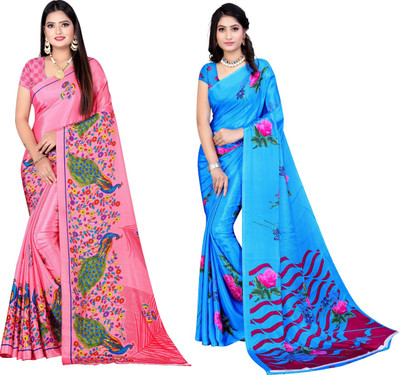 Leelavati Printed Bollywood Crepe Saree(Pack of 2, Pink, Blue)