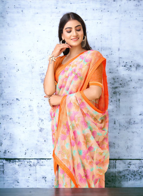 AMBUJAINTERNATIONAL Self Design Bollywood Georgette Saree(Orange)