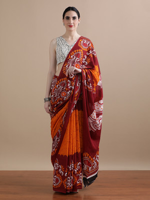 Jaipur Kurti Printed Daily Wear Pure Cotton Saree(Orange)