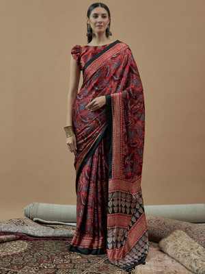 Tasrika Printed Hand Batik Crepe Saree(Red)