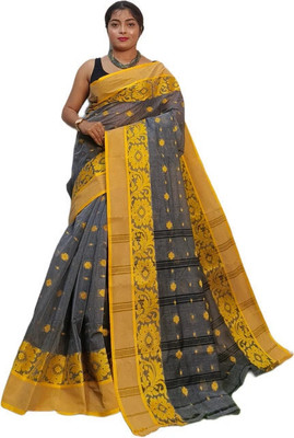 SABITA CUSTOMERY Woven, Color Block Tant Handloom Pure Cotton, Chanderi Saree(Grey, Yellow)