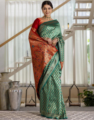 Falessa Floral Print, Woven Banarasi Art Silk Saree(Light Green, Orange)