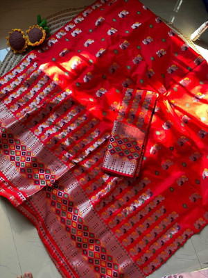 Ramani brothers Woven Mekhela Chador Pure Silk Saree(Red)