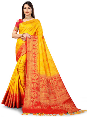 yasvicreation Woven, Temple Border, Dyed Banarasi Jacquard Saree(Yellow, Red)